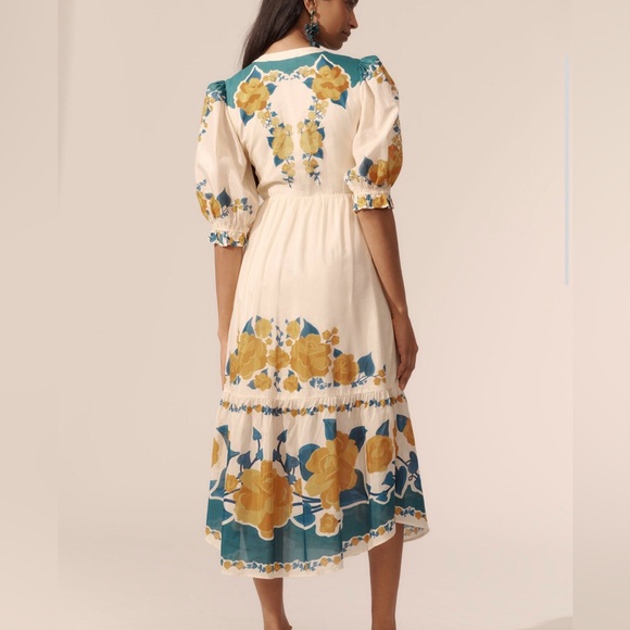 Farm Rio-Puff-Sleeve Printed Midi Dress-Floral-Boho-Festival-S - Picture 2 of 12